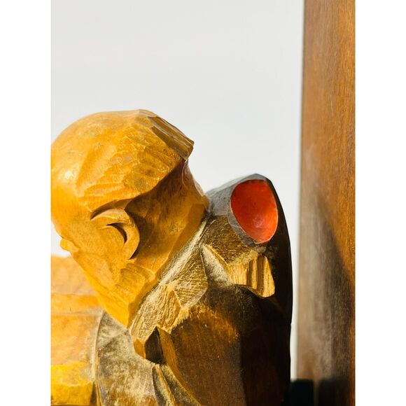 Vintage Wood Carved Monks Scholar Reading Books Sitting on Books Bookends - Picture 8 of 11